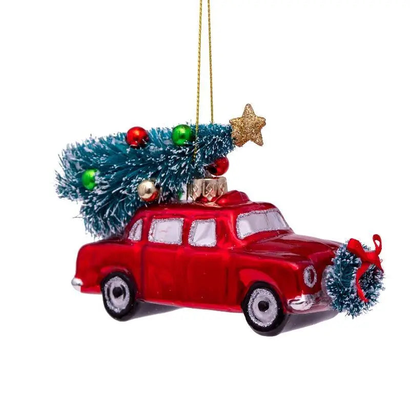 Vondels glas ornament | Rød bil med juletræ Vondels